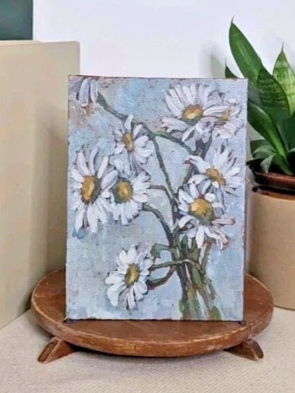 Signed Original Acrylic Floral Painting White Daisies on Blue Hand Painted 6 x 8